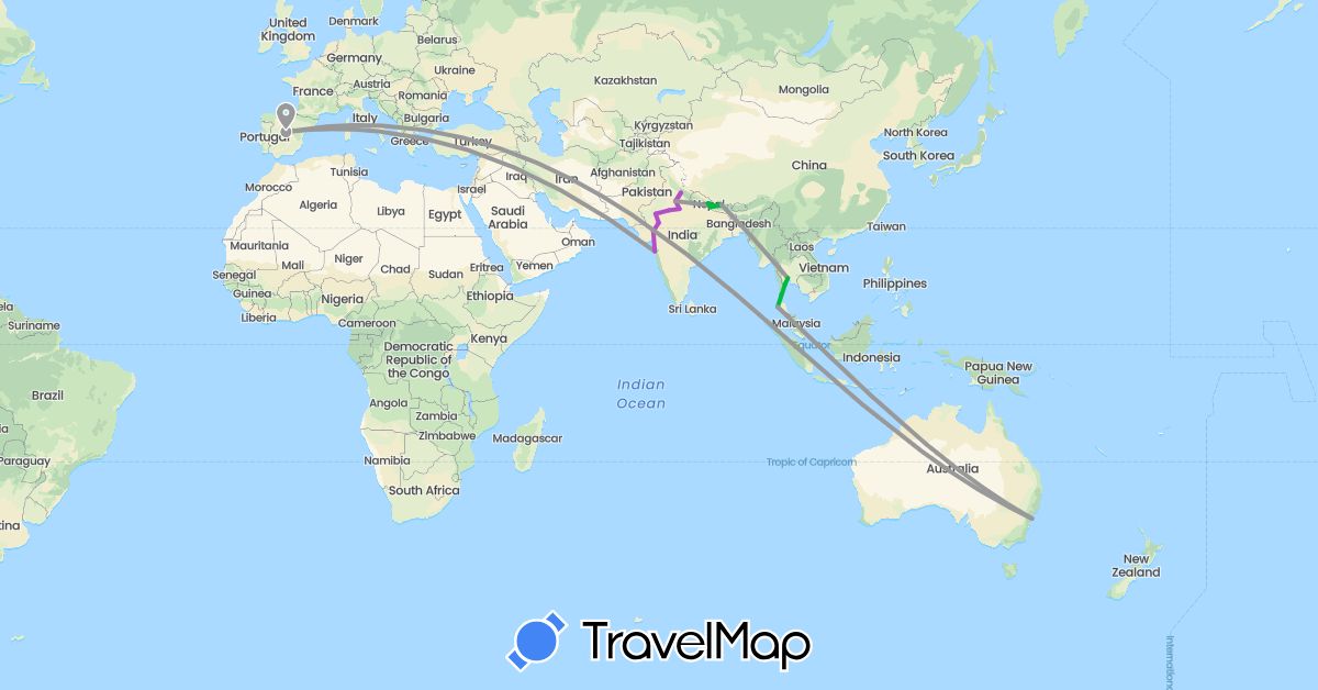 TravelMap itinerary: driving, bus, plane, train in Australia, Spain, India, Nepal, Thailand (Asia, Europe, Oceania)